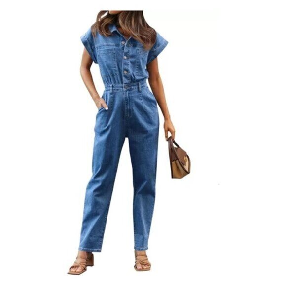 FREE PEOPLE Marci Denim Jumpsuit in Wash Sapphire Blue Size X-Small - Picture 2 of 11